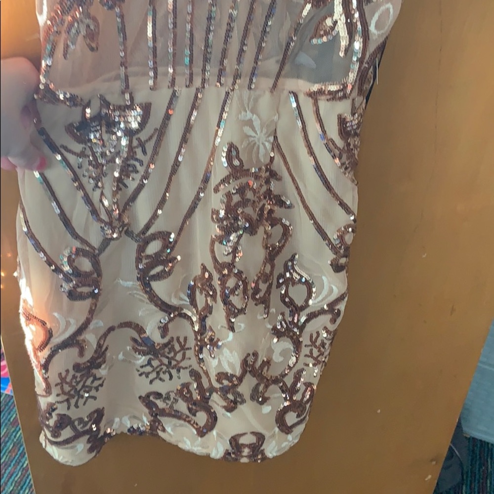 Rose Gold Strappy Sheer Panel Sequin Bodycon Dress - Picture 3 of 6